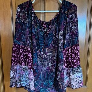 Johnny Was Purple and Blue Bell Sleeve Blouse with Ruffled Neckline